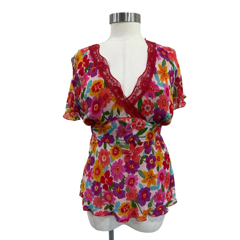 Y2K Haggar Floral V-Neck Lace Trim Empire Waist Tie Back Flutter Sleeve Top 14